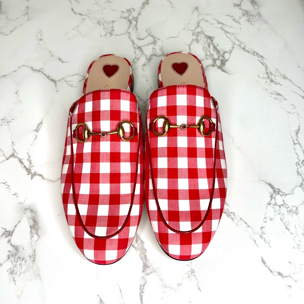 Gucci Red and White Gingham Princetown Mules size 37.5